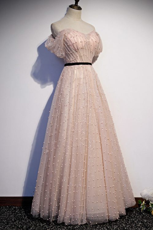 Off the Shoulder Pink Pearls Long Prom Dress