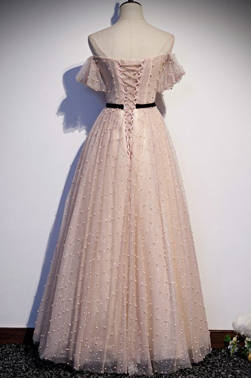 Off the Shoulder Pink Pearls Long Prom Dress