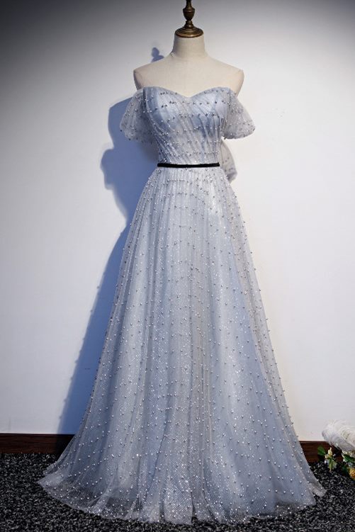 Off the Shoulder Pink Pearls Long Prom Dress