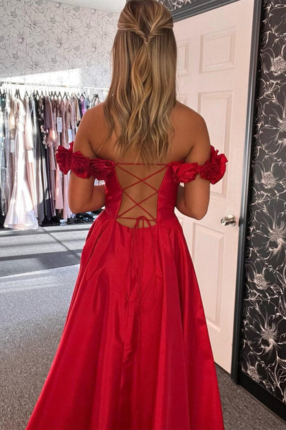 Off the Shoulder Red A-line Long Prom Dress