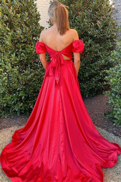 Off the Shoulder Red A-line Long Prom Gown