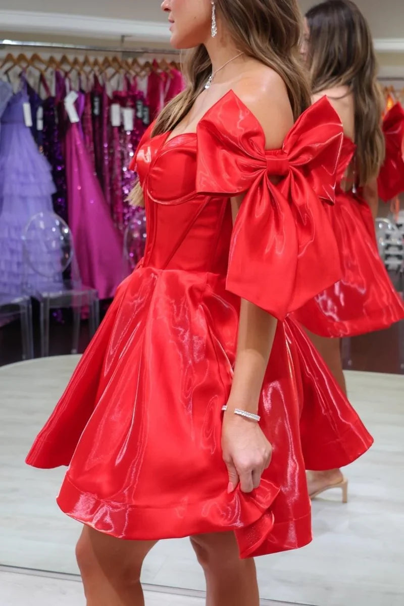 Off the Shoulder Red A-line Short Party Dress Homecoming Dress , AST1117