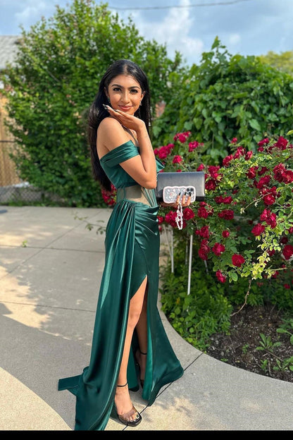 Off the Shoulder Sark Green Satin Mermaid Formal Dress