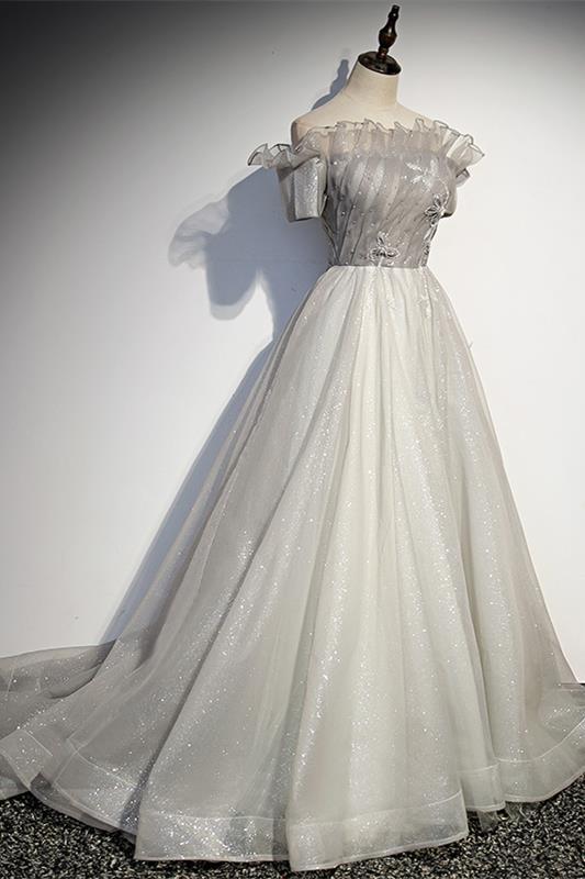 Off the Shoulder Silver Long Formal Dress