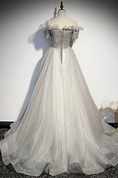 Off the Shoulder Silver Long Formal Dress