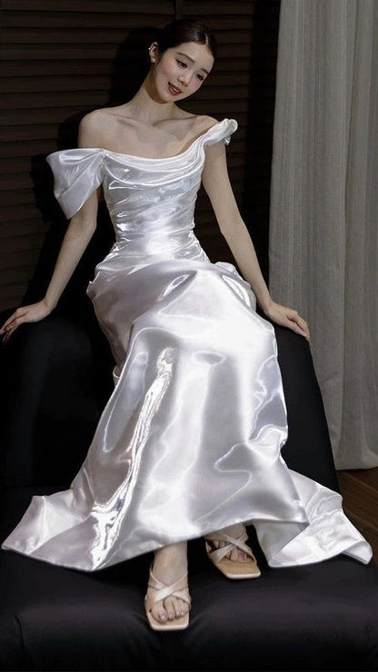 Off The Shoulder White Mermaid Prom Dresses Pleated Evening Party Dress,AST2303