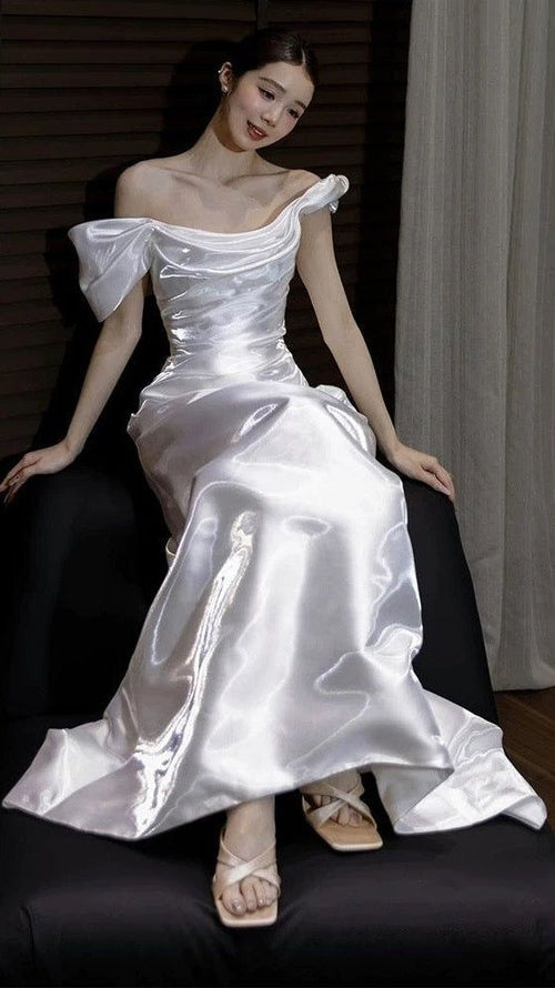 Off The Shoulder White Mermaid Prom Dresses Pleated Evening Party Dress,AST2303