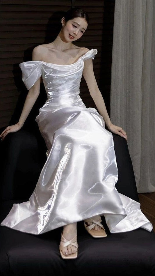 Off The Shoulder White Mermaid Prom Dresses Pleated Evening Party Dress,AST2303