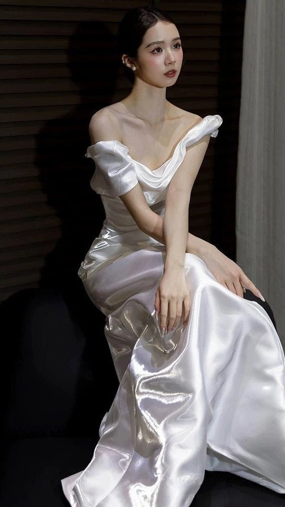 Off The Shoulder White Mermaid Prom Dresses Pleated Evening Party Dress,AST2303