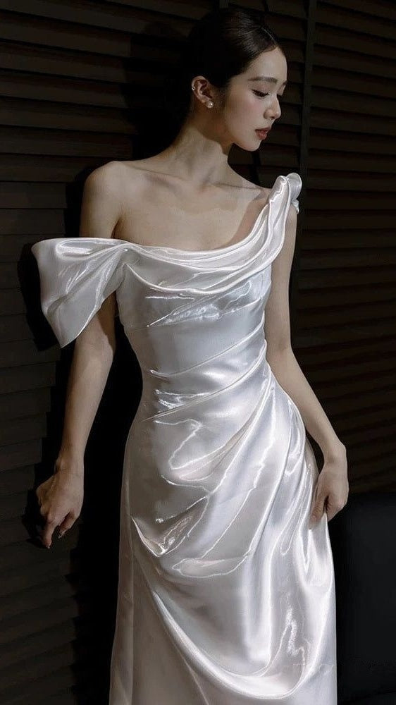 Off The Shoulder White Mermaid Prom Dresses Pleated Evening Party Dress,AST2303