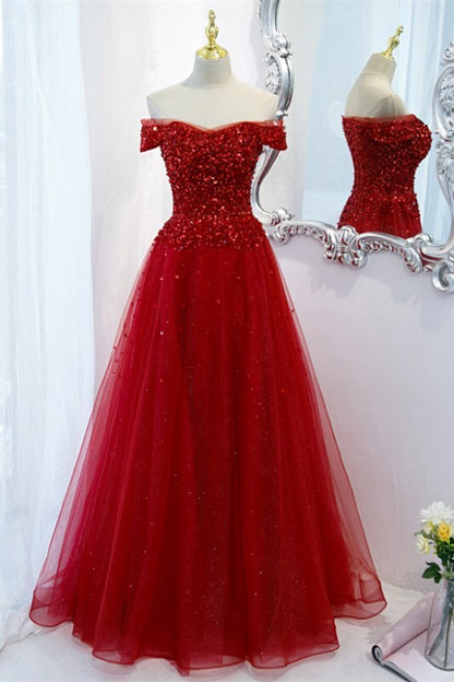 Off the Shoulder Wine Red Long Formal Dress