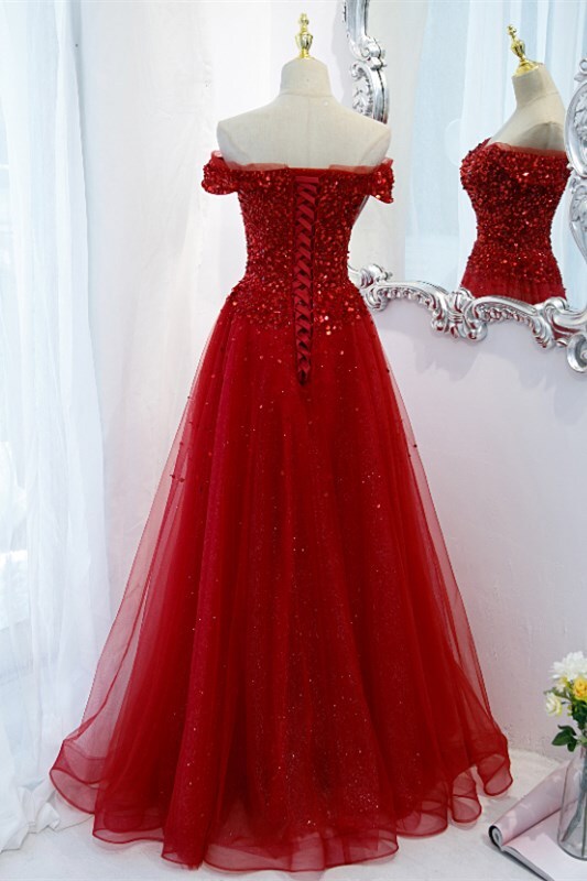 Off the Shoulder Wine Red Long Formal Dress