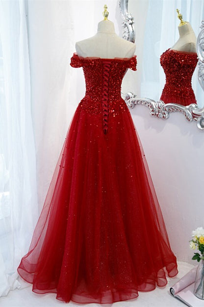 Off the Shoulder Wine Red Long Formal Dress