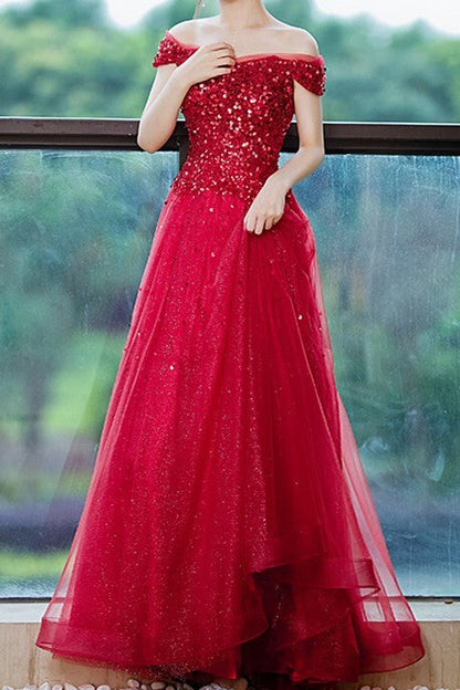 Off the Shoulder Wine Red Long Formal Dress