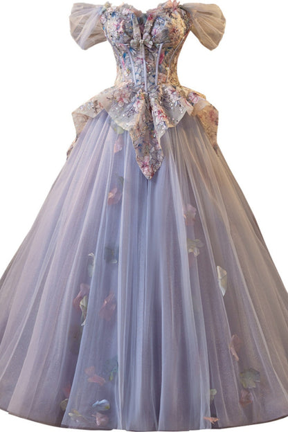 Off the ShoulderPurple Floral Embroidery A-line Prom Dress