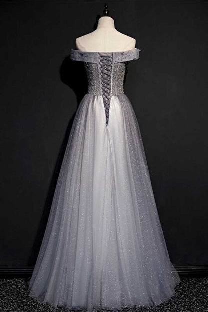Off the Shuolder Grey Beaded Long Party Dress