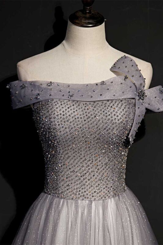 Off the Shuolder Grey Beaded Long Party Dress