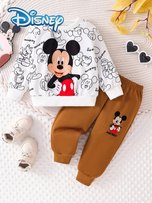 [Official Disney Licensed]Disney Mickey Mouse 2Pcs Baby Boy Spring/Autumn Long Pants Set, Newborn Cartoon "Mickey Mouse" Fun Print Sweatshirt + Matching Print Jogger Pants, Boys Daily Versatile Outdoo