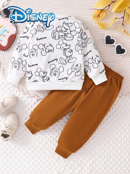 [Official Disney Licensed]Disney Mickey Mouse 2Pcs Baby Boy Spring/Autumn Long Pants Set, Newborn Cartoon "Mickey Mouse" Fun Print Sweatshirt + Matching Print Jogger Pants, Boys Daily Versatile Outdoo