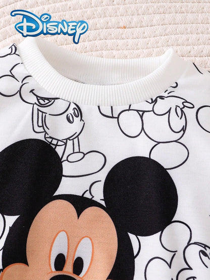 [Official Disney Licensed]Disney Mickey Mouse 2Pcs Baby Boy Spring/Autumn Long Pants Set, Newborn Cartoon "Mickey Mouse" Fun Print Sweatshirt + Matching Print Jogger Pants, Boys Daily Versatile Outdoo