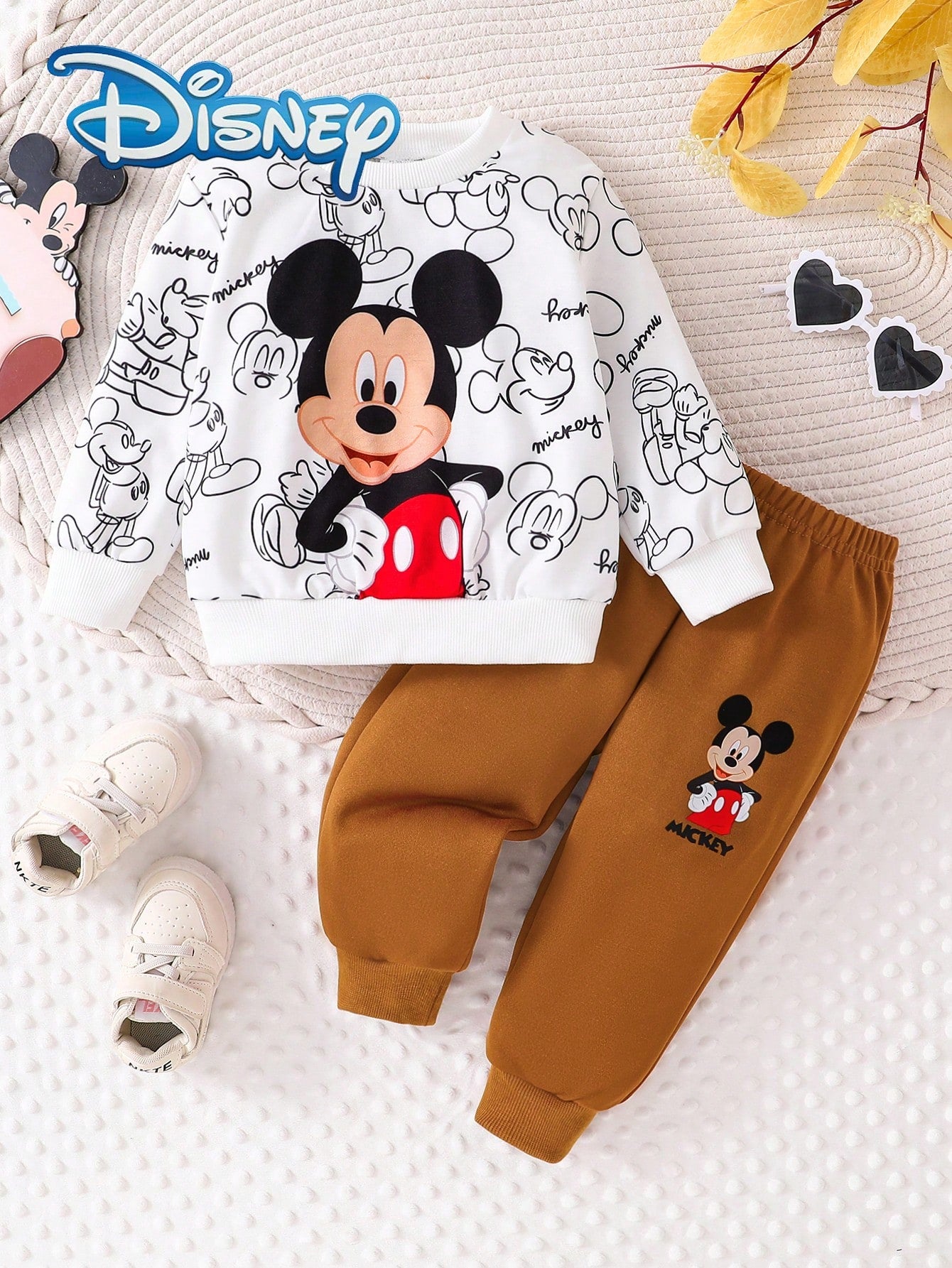 [Official Disney Licensed]Disney Mickey Mouse 2Pcs Baby Boy Spring/Autumn Long Pants Set, Newborn Cartoon "Mickey Mouse" Fun Print Sweatshirt + Matching Print Jogger Pants, Boys Daily Versatile Outdoo