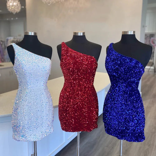 One Shoulder Black Sequin Bodycon Mini Dress Homecoming Dress, AST1164