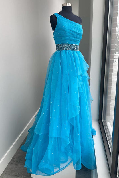 One Shoulder Blue Tulle Long Formal Dress with Beads