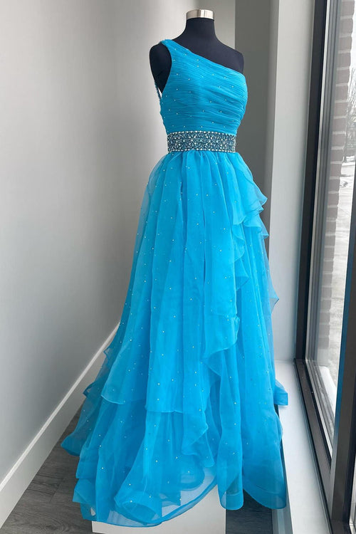 One Shoulder Blue Tulle Long Formal Dress with Beads