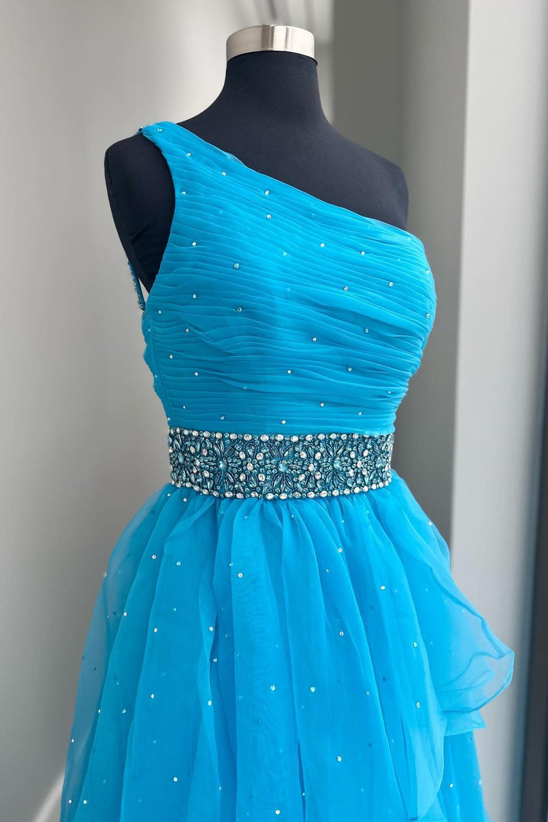 One Shoulder Blue Tulle Long Formal Dress with Beads