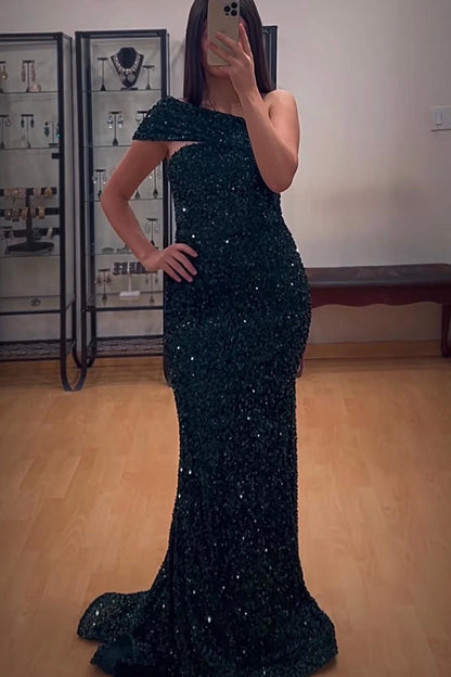 One Shoulder Burgundy Sequin Mermaid Long Evening Dress