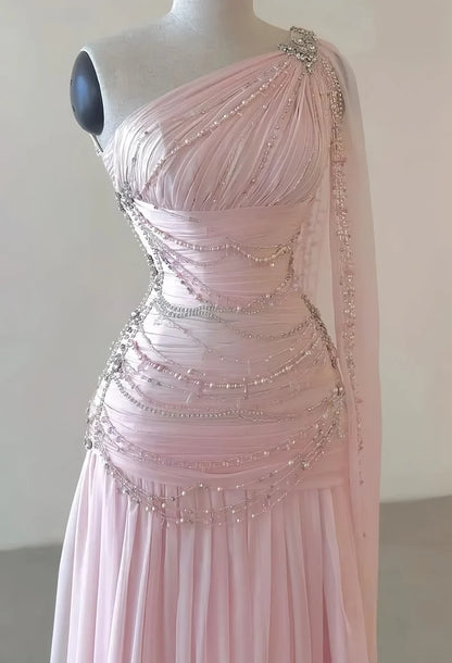 One Shoulder Chiffon Sheath Prom Dresses Beaded Evening Party Dress,AST2127