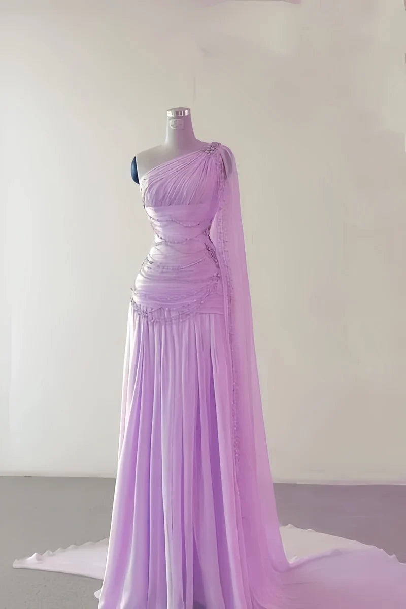 One Shoulder Chiffon Sheath Prom Dresses Beaded Evening Party Dress,AST2127