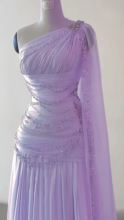 One Shoulder Chiffon Sheath Prom Dresses Beaded Evening Party Dress,AST2127