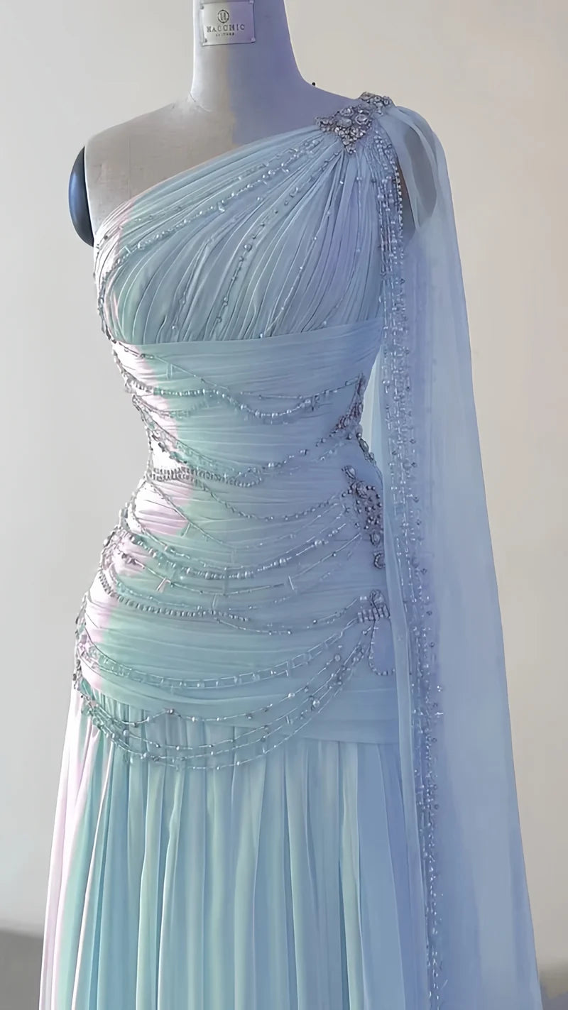One Shoulder Chiffon Sheath Prom Dresses Beaded Evening Party Dress,AST2127