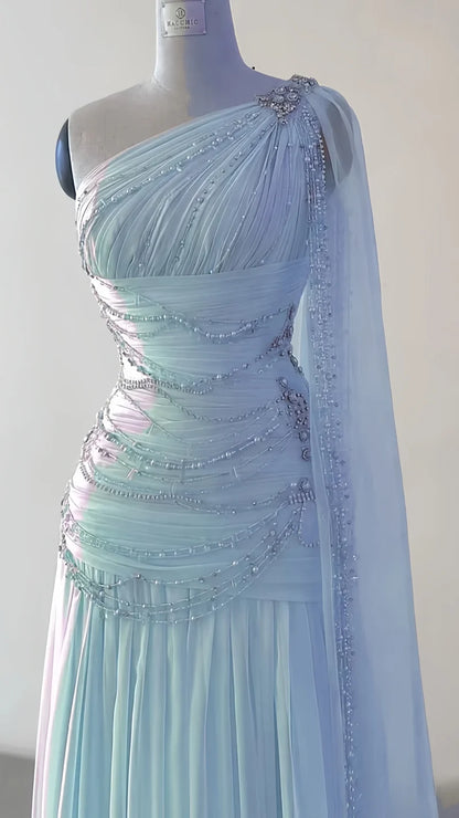 One Shoulder Chiffon Sheath Prom Dresses Beaded Evening Party Dress,AST2127