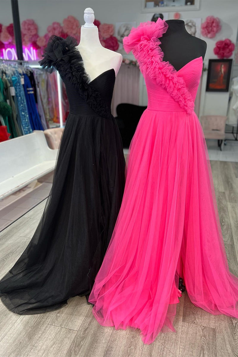 One Shoulder Hot Pink Pleated Long Formal Dress