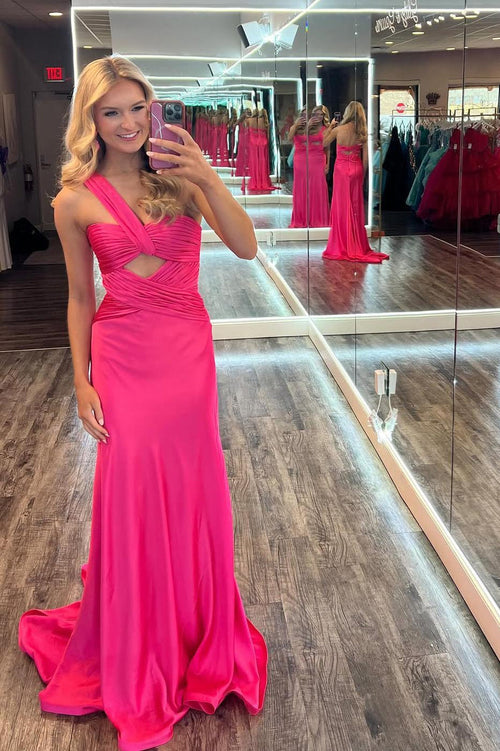 One Shoulder Hot Pink Ruched Keyhole Fitted Prom Dress