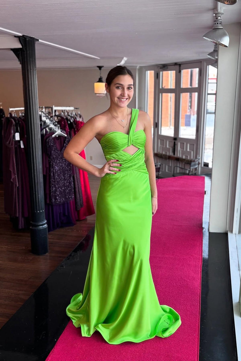 One Shoulder Hot Pink Ruched Keyhole Fitted Prom Dress