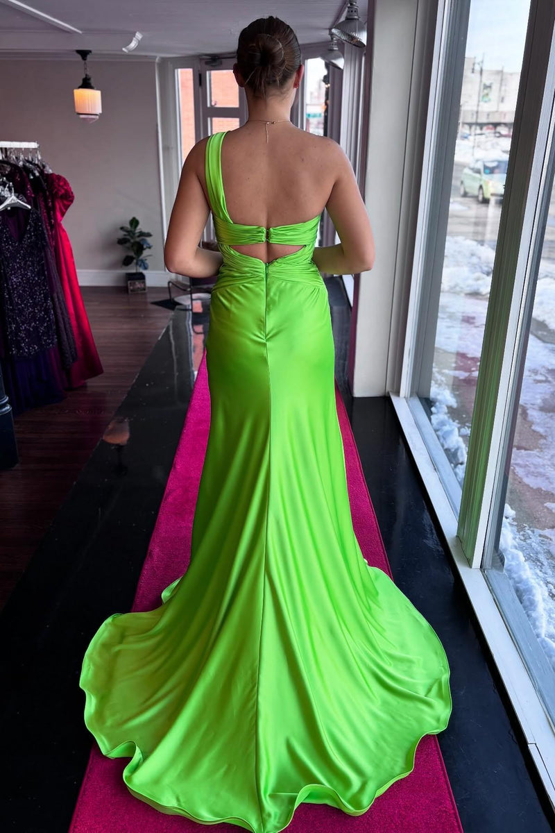 One Shoulder Hot Pink Ruched Keyhole Fitted Prom Dress