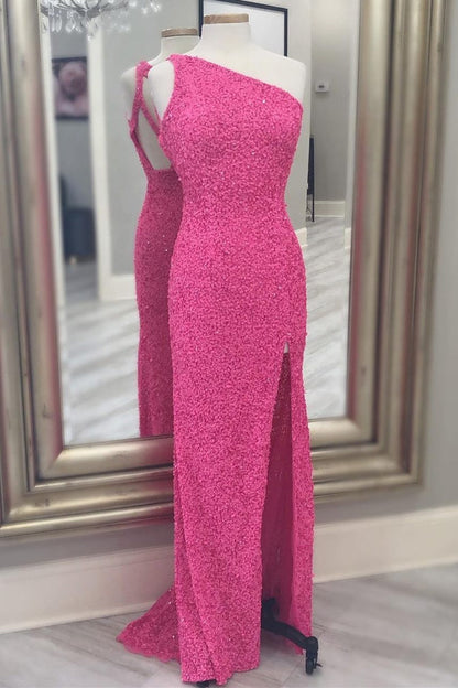 One Shoulder Hot Pink Sequins Mermaid Long Prom Dress
