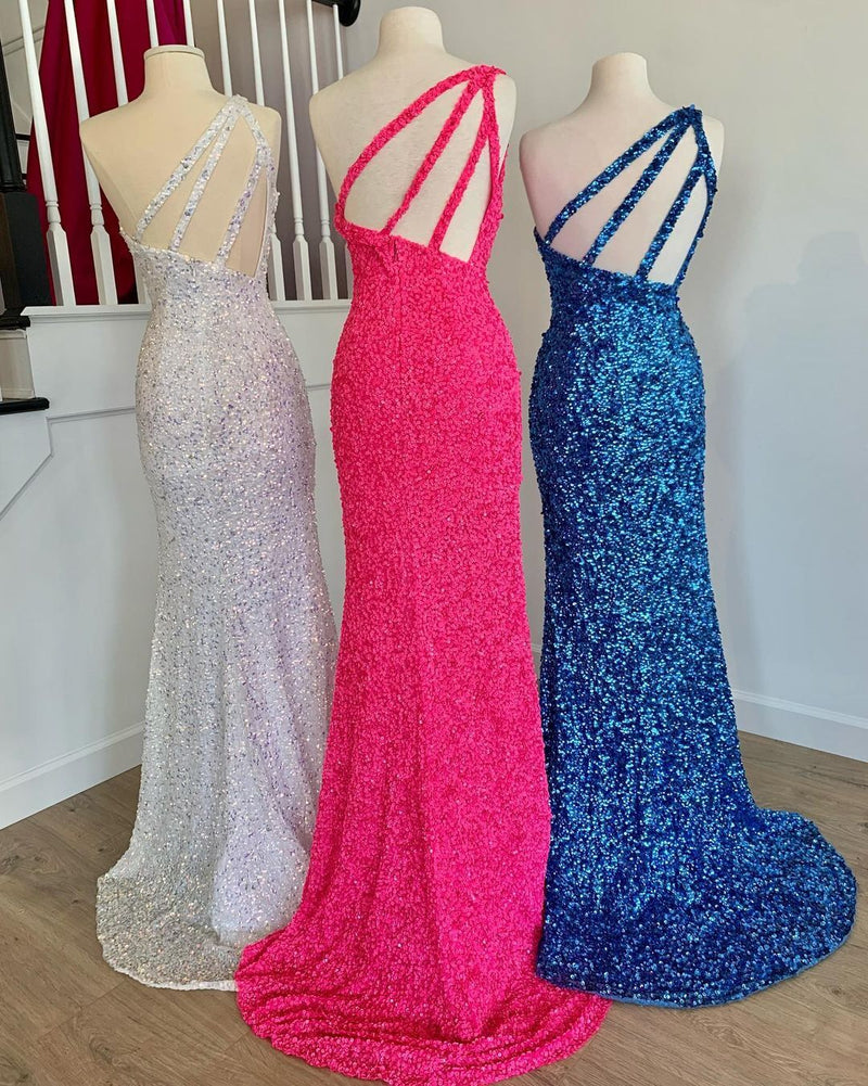 One Shoulder Hot Pink Sequins Mermaid Long Prom Dress
