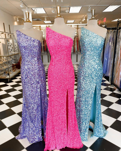 One Shoulder Hot Pink Sequins Mermaid Long Prom Dress
