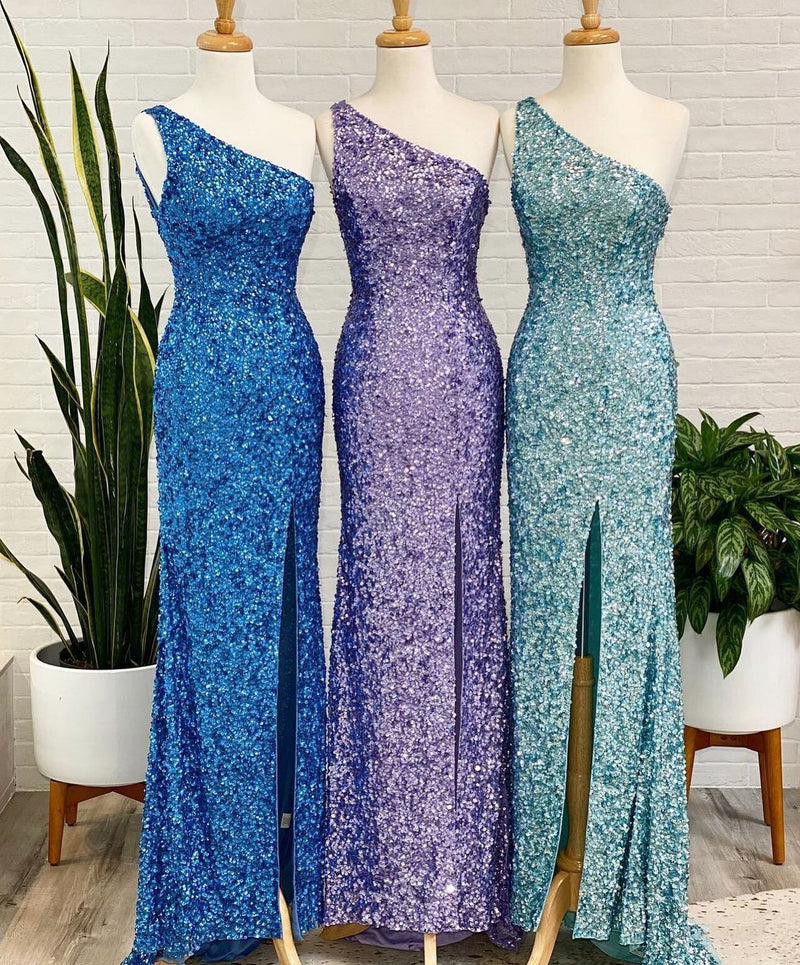 One Shoulder Hot Pink Sequins Mermaid Long Prom Dress