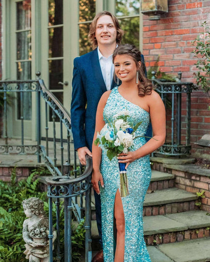 One Shoulder Hot Pink Sequins Mermaid Long Prom Dress