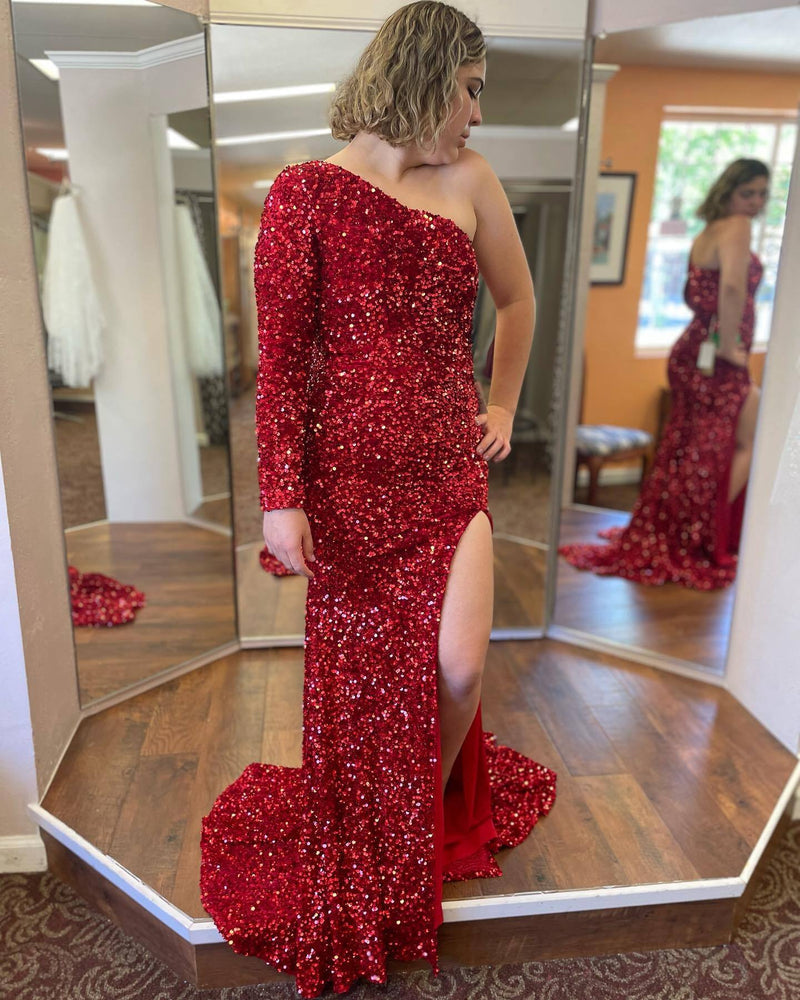 One Shoulder Long Sleeve Hot Pink Sequin Mermaid Long Formal Dress