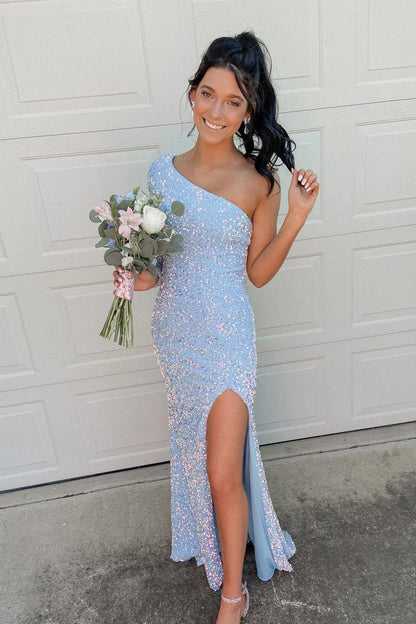 One Shoulder Long Sleeve Hot Pink Sequin Mermaid Long Formal Dress