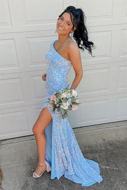 One Shoulder Long Sleeve Hot Pink Sequin Mermaid Long Formal Dress