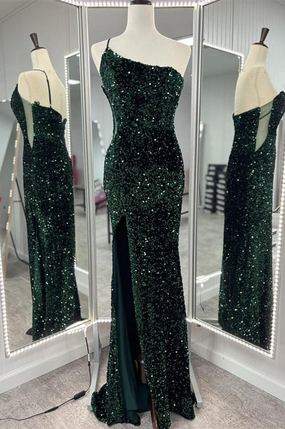 One Shoulder Purple Sequin Mermaid Long Prom Dress