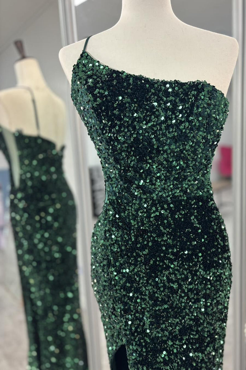 One Shoulder Purple Sequin Mermaid Long Prom Dress