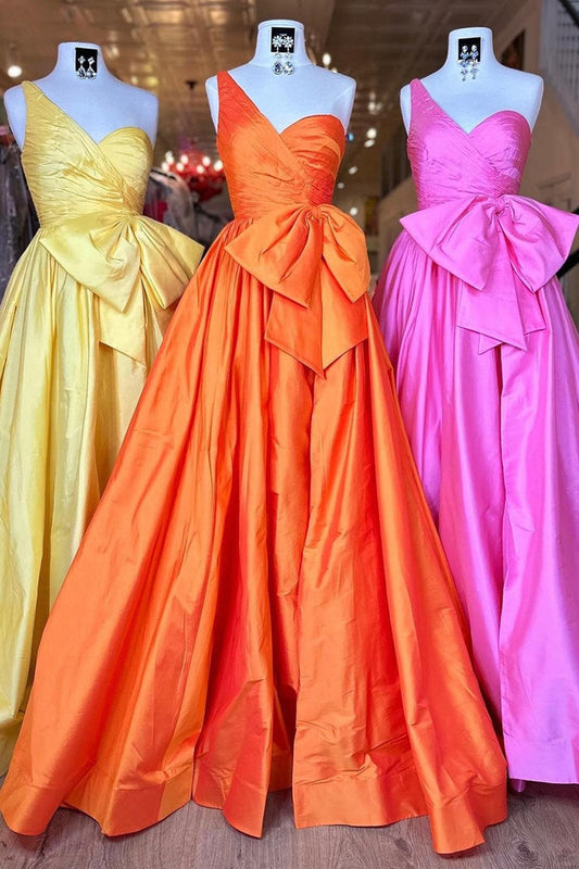 One Shoulder Red A-line Long Prom Dress with A Bow